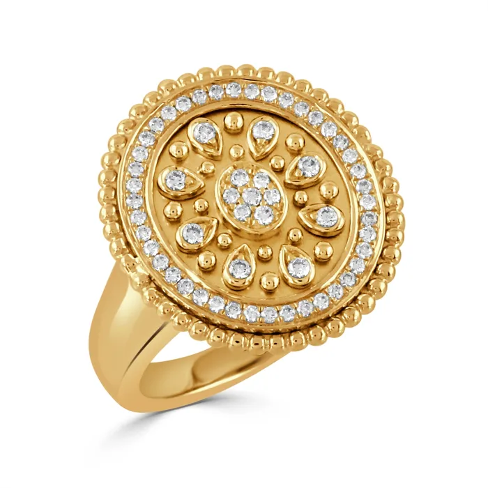 Doves 18K Yellow Gold Oval Ring with Diamond and Beaded Edge Doves Rings Doves 18K Yellow Gold Oval Ring with Diamond and Beaded Edge Doves Rings