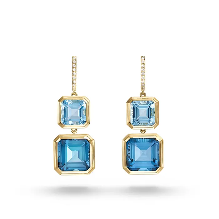 Doves Doves 18K Yellow Gold Diamond Hoop Dangle Earrings with Sky Blue and London Blue Topaz Earrings Doves Doves 18K Yellow Gold Diamond Hoop Dangle Earrings with Sky Blue and London Blue Topaz Earrings