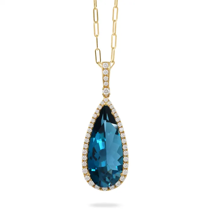 Doves Necklaces Doves 18K Yellow Gold Elongated Pear London Blue Topaz with Diamond Halo Pendant Doves Necklaces Doves 18K Yellow Gold Elongated Pear London Blue Topaz with Diamond Halo Pendant
