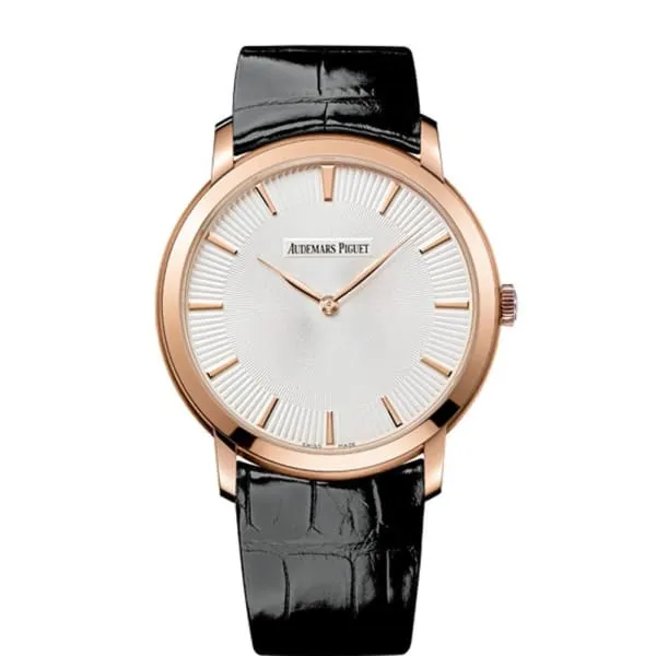 Earrings Audemars Piguet Audemars Piguet Jules Audemars ExtraThin 41mm Mens Watch Ref 15180OROOA102CR01 Silver Dial in 18K Rose Gold Case Black Alligator Strap