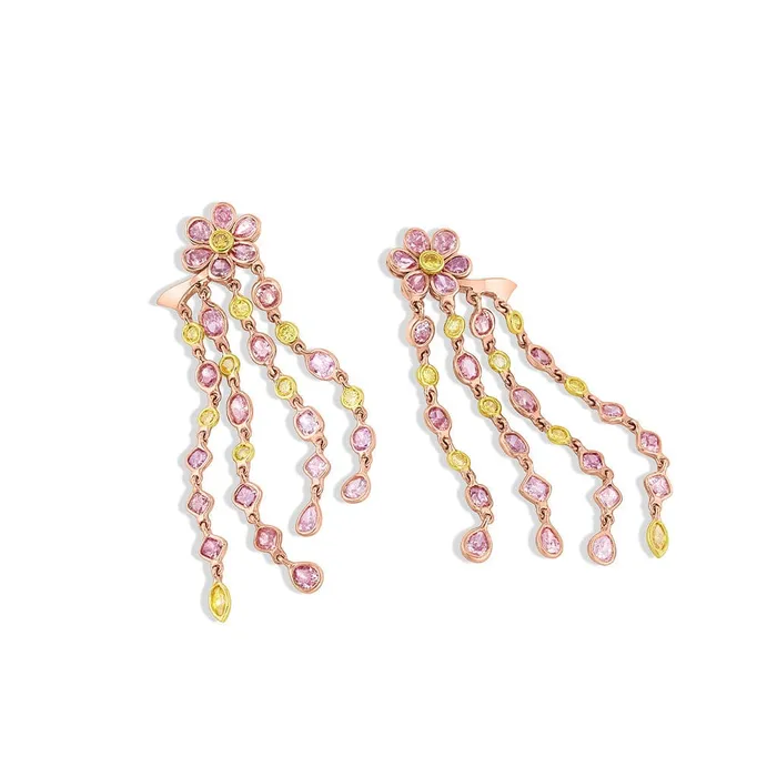 Earrings CJ Charles Jewelers Rivire 18k Rose Gold Pink and Yellow Diamond Flower Drop Earrings