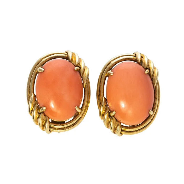Earrings Croghans Estate Coral Cabochon 18K Gold Clip On Earrings