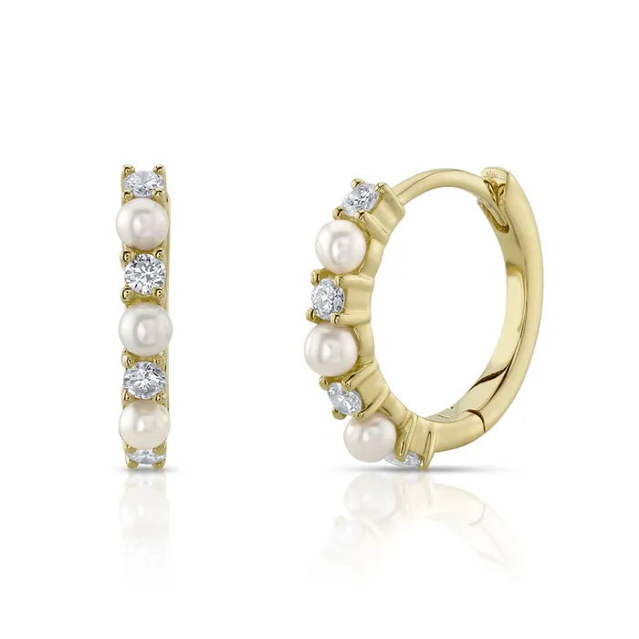Earrings Meierotto Jewelers 14K Yellow Gold Diamond and Cultured Pearl Huggie Earrings Earrings Meierotto Jewelers 14K Yellow Gold Diamond and Cultured Pearl Huggie Earrings
