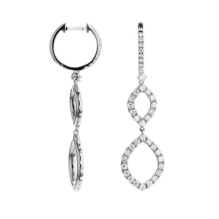 Earrings Meierotto Jewelers 18K White Gold Diamond Hoop Earrings with Open Teardrop Dangle