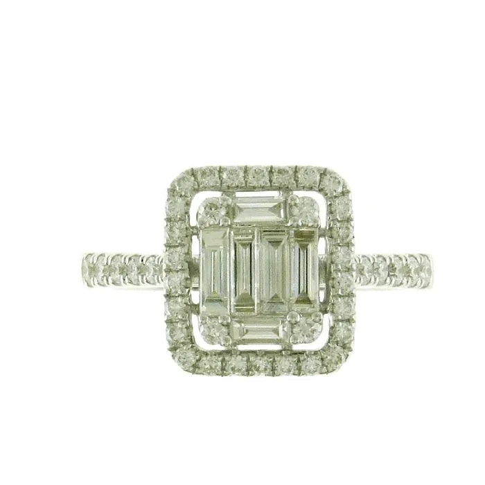 Engagement Collections Rings 18K White Gold Baguette and Round Cluster Diamond Ring with Halo