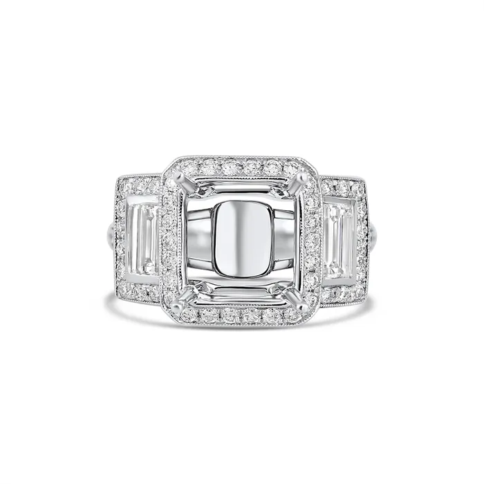 Engagement Collections Rings 18K White Gold Wide Cushion Halo Semi Mount Three Stone Diamond Ring with Bauette Sides Engagement Collections Rings 18K White Gold Wide Cushion Halo Semi Mount Three Stone Diamond Ring with Bauette Sides