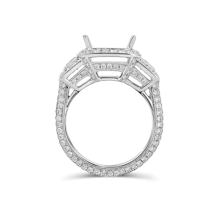 Engagement Collections Rings 18K White Gold Wide Cushion Halo Semi Mount Three Stone Diamond Ring with Bauette Sides Engagement Collections Rings 18K White Gold Wide Cushion Halo Semi Mount Three Stone Diamond Ring with Bauette Sides