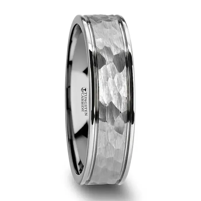 Hammered White Tungsten Carbide 6mm Band Mens Bands Rings