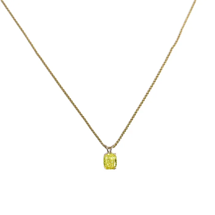 Labgrown Fancy Vivid Yellow Cushion Cut Pendant in 14k Yellow Gold PEN14400 Diamond Source NYC Necklaces