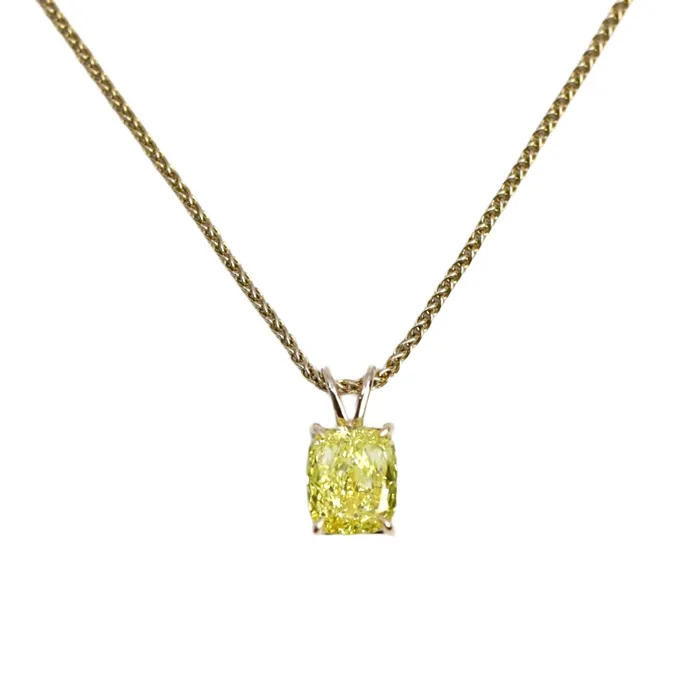 Labgrown Fancy Vivid Yellow Cushion Cut Pendant in 14k Yellow Gold PEN14400 Diamond Source NYC Necklaces