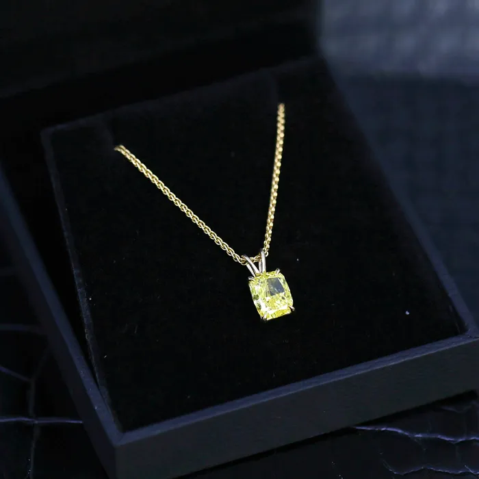 Labgrown Fancy Vivid Yellow Cushion Cut Pendant in 14k Yellow Gold PEN14400 Diamond Source NYC Necklaces