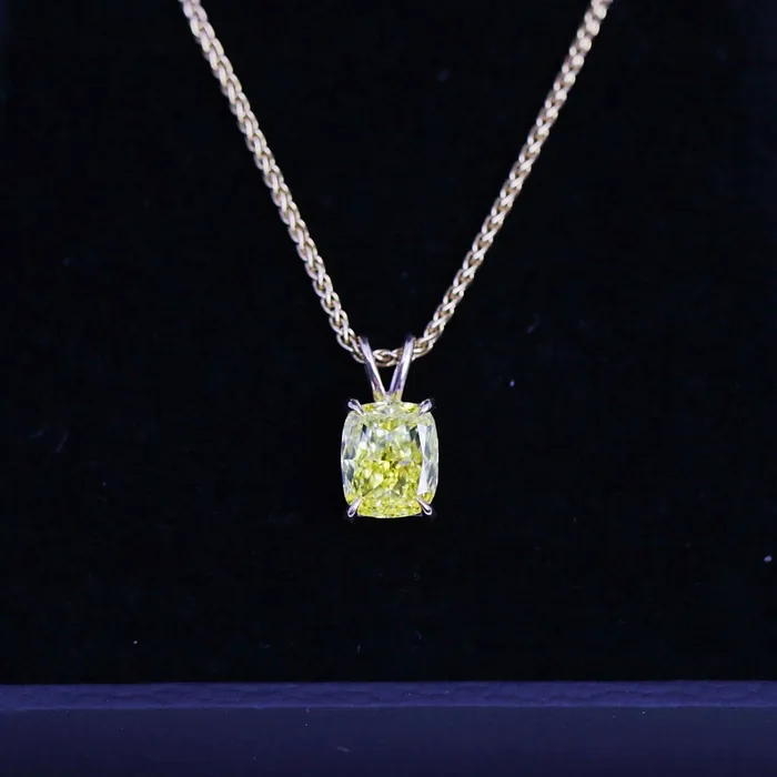 Labgrown Fancy Vivid Yellow Cushion Cut Pendant in 14k Yellow Gold PEN14400 Diamond Source NYC Necklaces