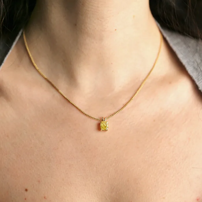 Labgrown Fancy Vivid Yellow Cushion Cut Pendant in 14k Yellow Gold PEN14400 Diamond Source NYC Necklaces