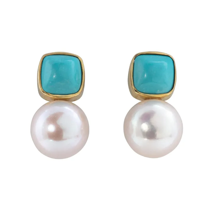 Mazza Cushion Turquoise Pearl 14K Yellow Gold Earrings Mazza Earrings