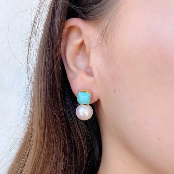 Mazza Cushion Turquoise Pearl 14K Yellow Gold Earrings Mazza Earrings