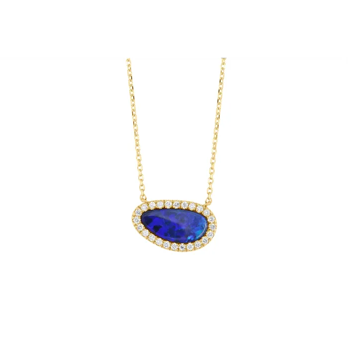 Meierotto Jewelers Necklaces 14K Yellow Gold Opal with Diamond Halo Pendant Necklace Meierotto Jewelers Necklaces 14K Yellow Gold Opal with Diamond Halo Pendant Necklace