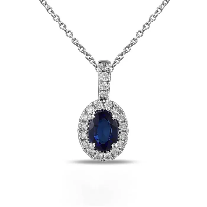 Meierotto Jewelers PreStyled Sets 18K White Gold Oval Sapphire with Diamond Halo Pendant Meierotto Jewelers PreStyled Sets 18K White Gold Oval Sapphire with Diamond Halo Pendant
