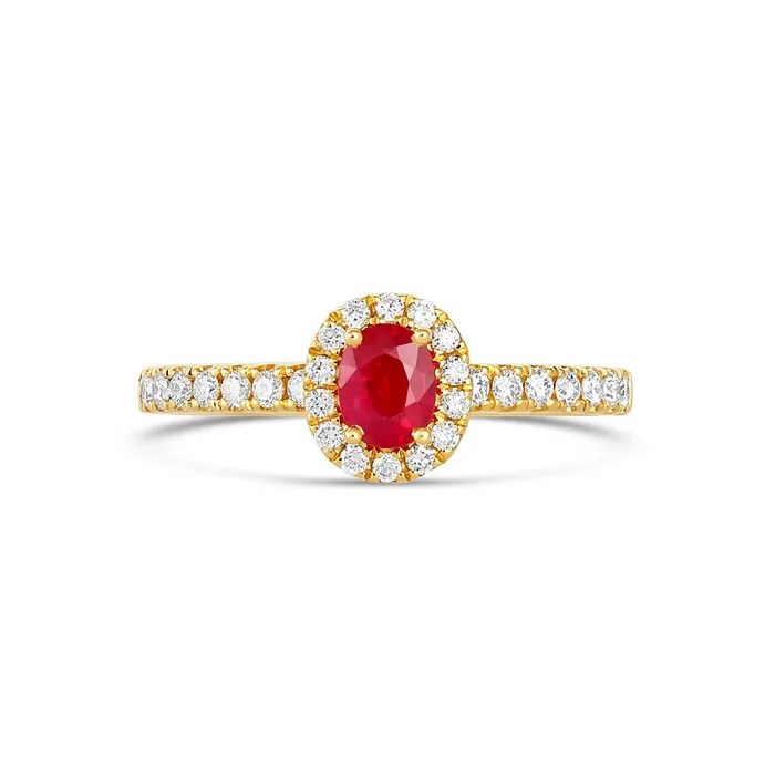 Meierotto Jewelers Rings 18K Yellow Gold Oval Ruby with Diamond Halo Ring Meierotto Jewelers Rings 18K Yellow Gold Oval Ruby with Diamond Halo Ring