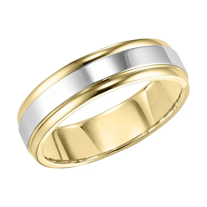 Mens Bands 6mm 14K Gold Two Tone Wedding Band with Polished Finish Round Edges Rings