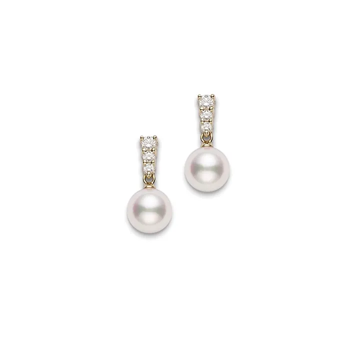 Mikimoto 18K Yellow Gold Diamond Pearl Dangle Earrings Mikimoto Earrings