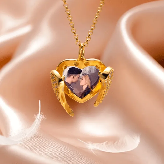 Necklaces Belbren Personalized Angel Wings Heart Locket Necklace Custom Engraved Photo Pendant in Sterling Silver Gold or Rose Gold
