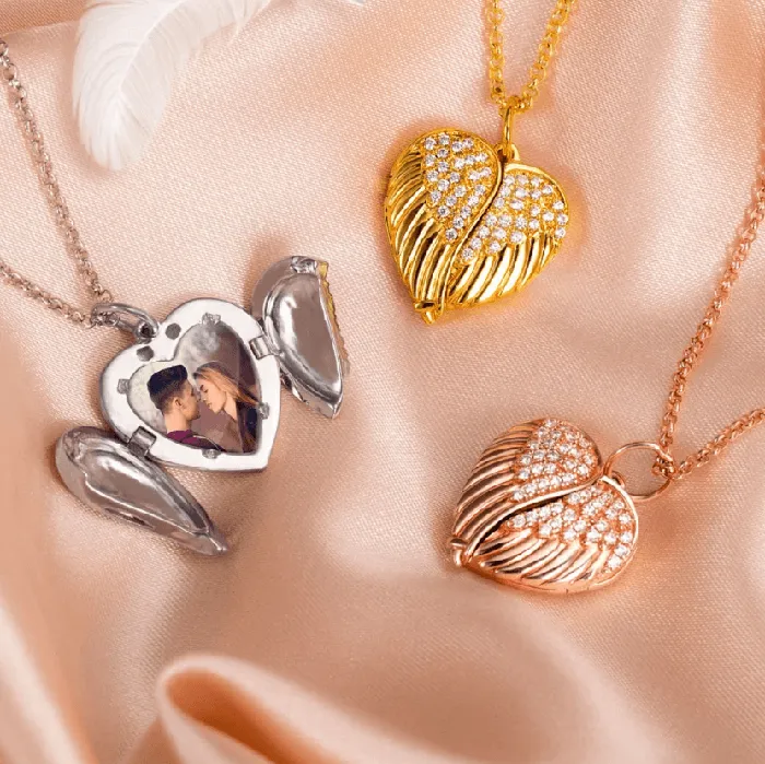 Necklaces Belbren Personalized Angel Wings Heart Locket Necklace Custom Engraved Photo Pendant in Sterling Silver Gold or Rose Gold