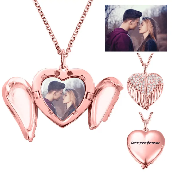 Necklaces Belbren Personalized Angel Wings Heart Locket Necklace Custom Engraved Photo Pendant in Sterling Silver Gold or Rose Gold