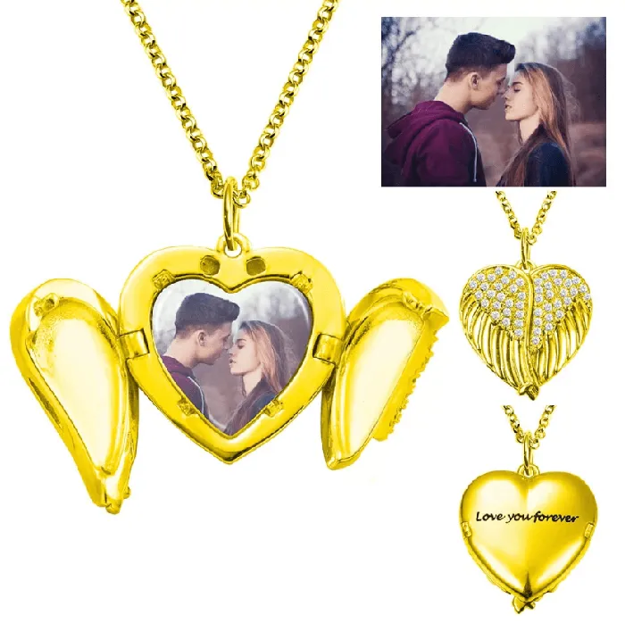Necklaces Belbren Personalized Angel Wings Heart Locket Necklace Custom Engraved Photo Pendant in Sterling Silver Gold or Rose Gold
