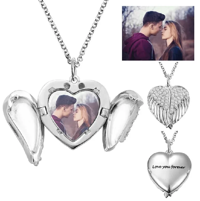 Necklaces Belbren Personalized Angel Wings Heart Locket Necklace Custom Engraved Photo Pendant in Sterling Silver Gold or Rose Gold