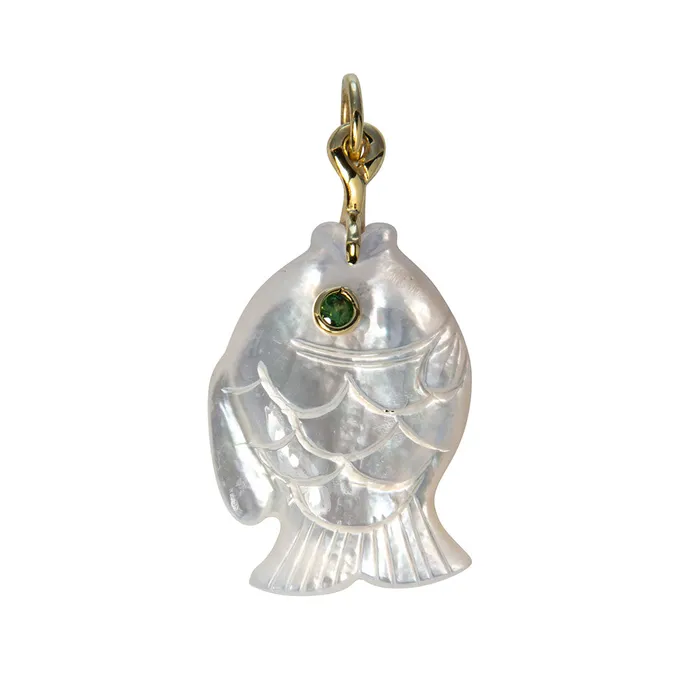 Necklaces Mazza Mazza Mother of Pearl Tsavorite 14K Gold Fish Pendant