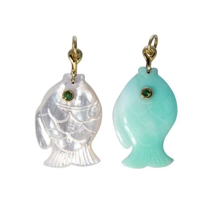 Necklaces Mazza Mazza Mother of Pearl Tsavorite 14K Gold Fish Pendant