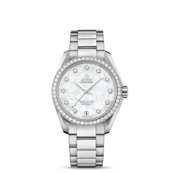 Omega Omega Seamaster 39mm Watch Ref 23115392155001 White Mother of Pearl Diamond Index Dial Diamond Bezel Stainless Steel Bracelet Bracelets Omega Omega Seamaster 39mm Watch Ref 23115392155001 White Mother of Pearl Diamond Index Dial Diamond Bezel Stainless Steel Bracelet Bracelets