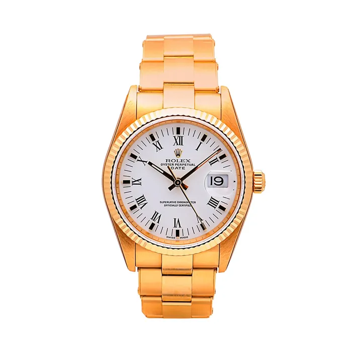 Preowned Rolex Rolex Date 18K Yellow Gold White Roman Dial Oyster Bracelet Automatic Bracelets Preowned Rolex Rolex Date 18K Yellow Gold White Roman Dial Oyster Bracelet Automatic Bracelets