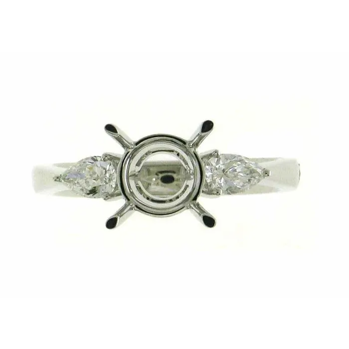 Rings 18K White Gold Three Stone Round Semi Mount Ring with Pear Diamond Sides Engagement Collections