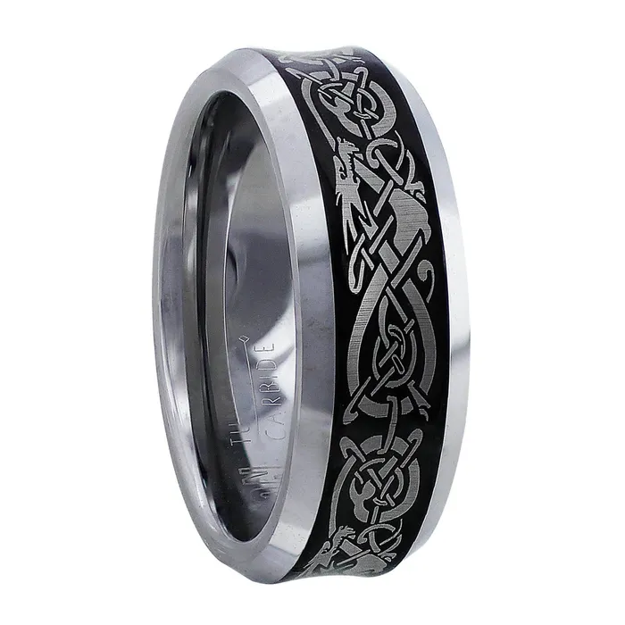 Rings CJ Charles Jewelers Mens Tungsten Carbide Band with Celtic Knots Dragons Rings CJ Charles Jewelers Mens Tungsten Carbide Band with Celtic Knots Dragons