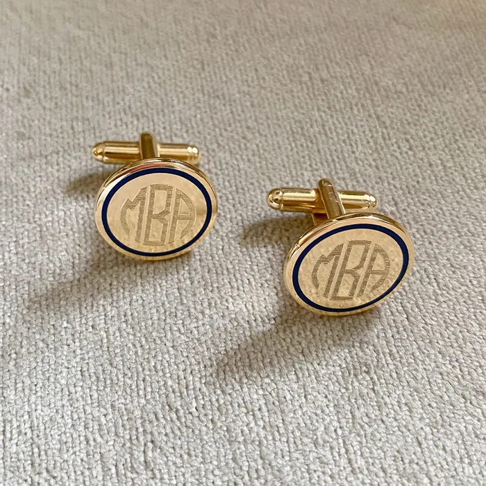 Rings Croghans Gold Plated Blue Enamel Trim Round Cufflinks Rings Croghans Gold Plated Blue Enamel Trim Round Cufflinks