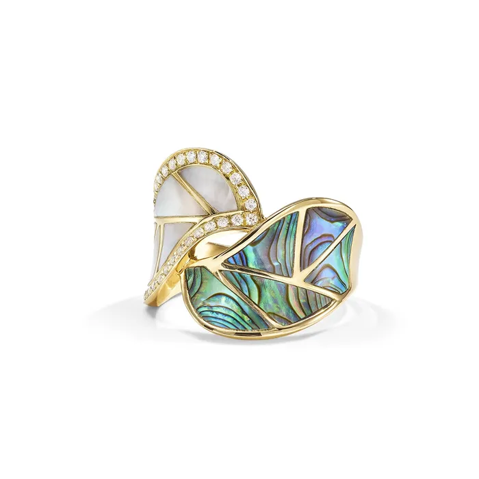 Rings Frederic Sage 14K Yellow Gold Twisted Leaf Ring with Abalone Mother of Pearl and Diamonds Frederic Sage Rings Frederic Sage 14K Yellow Gold Twisted Leaf Ring with Abalone Mother of Pearl and Diamonds Frederic Sage