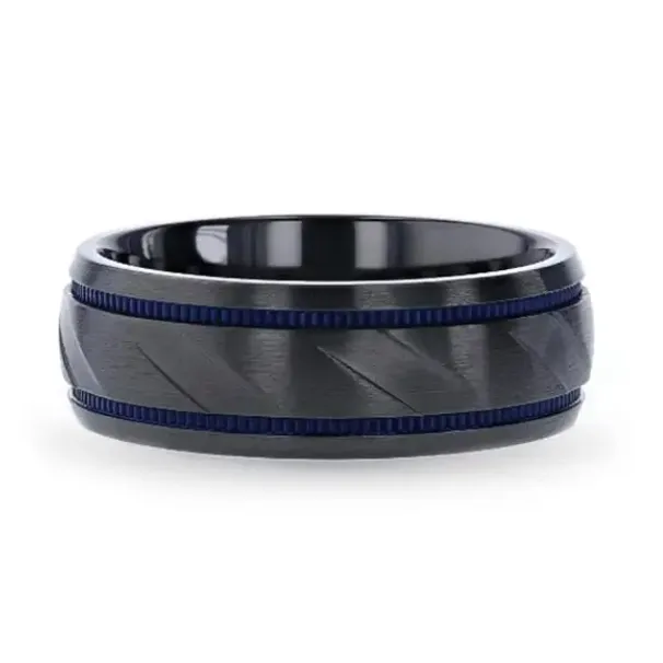 Rings Mens Bands Black Titanium Carved Diagonal Pattern 8mm Band with Blue Milgrain Grooves and Brushed Finish Rings Mens Bands Black Titanium Carved Diagonal Pattern 8mm Band with Blue Milgrain Grooves and Brushed Finish