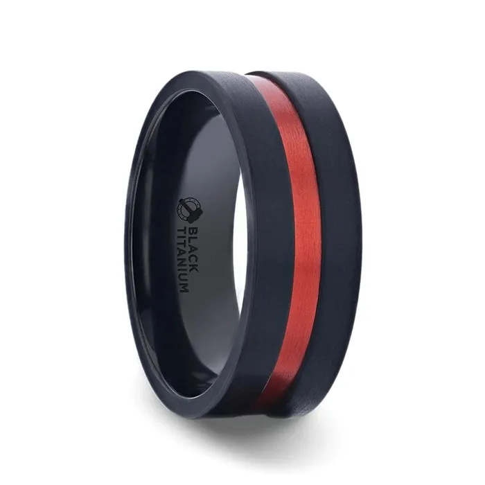 Rings Mens Bands Flat Brushed Black Titanium Band with Red Aluminum Groove Center Rings Mens Bands Flat Brushed Black Titanium Band with Red Aluminum Groove Center