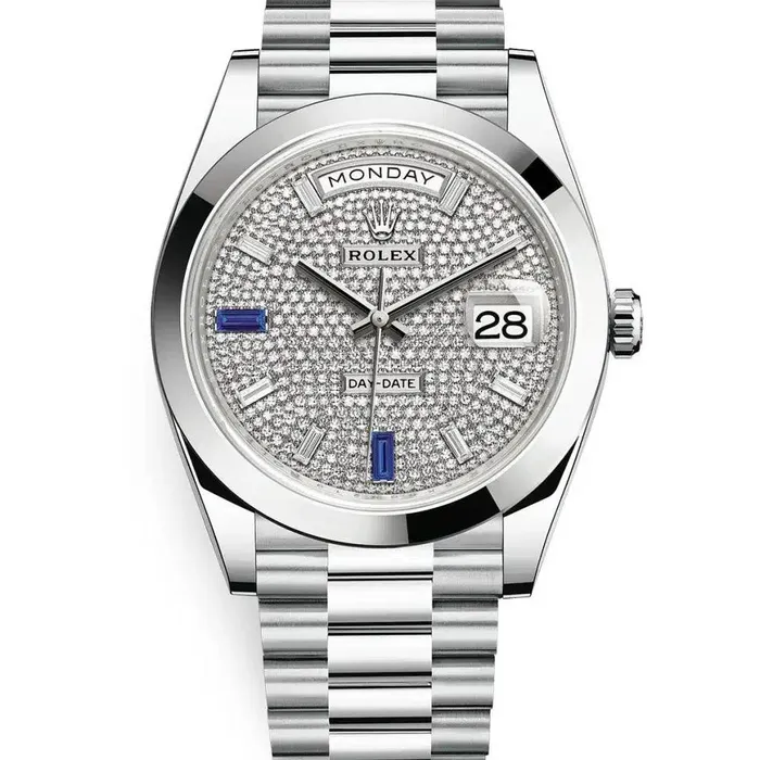 Rolex Bracelets Rolex Day Date 40mm Ref 2282060029 Pave Diamond Sapphire Dial Platinum President Bracelet Mens Watch