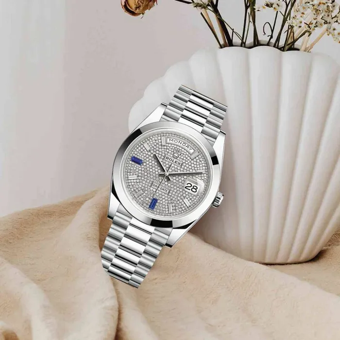 Rolex Bracelets Rolex Day Date 40mm Ref 2282060029 Pave Diamond Sapphire Dial Platinum President Bracelet Mens Watch