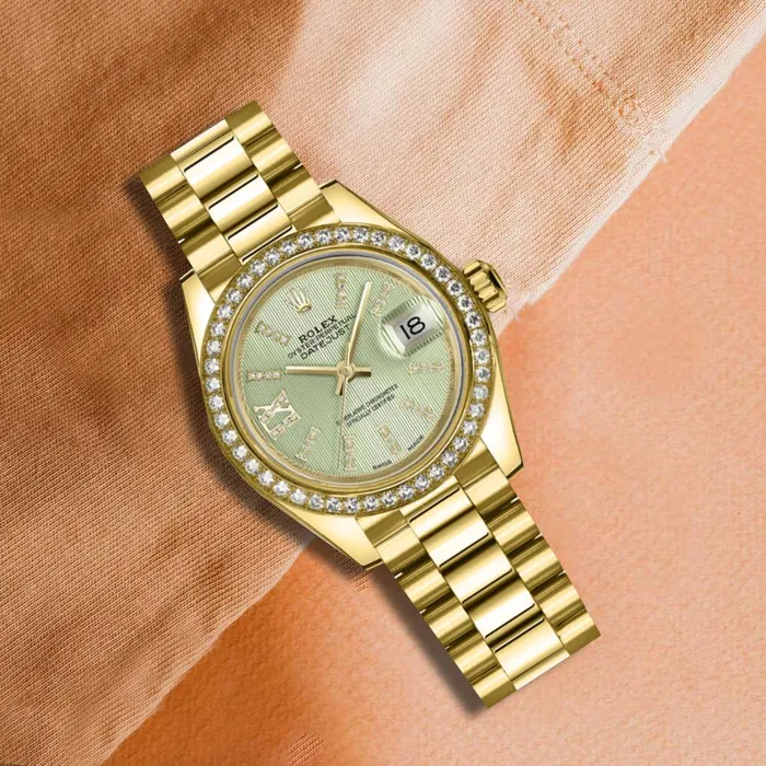 Rolex Bracelets Rolex Lady Datejust 28mm Ref 279138rbr0003 Green Dial 18K Yellow Gold President Bracelet Womens Watch