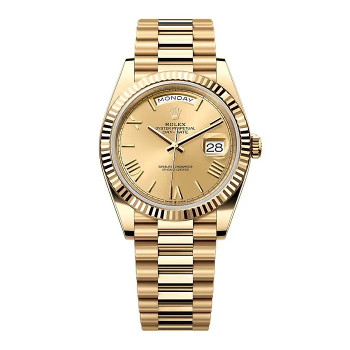 Rolex Rolex Day Date 40mm Ref 2282380006 Champagne Roman Dial Fluted Bezel 18K Yellow Gold President Bracelet Mens Watch Bracelets Rolex Rolex Day Date 40mm Ref 2282380006 Champagne Roman Dial Fluted Bezel 18K Yellow Gold President Bracelet Mens Watch Bracelets
