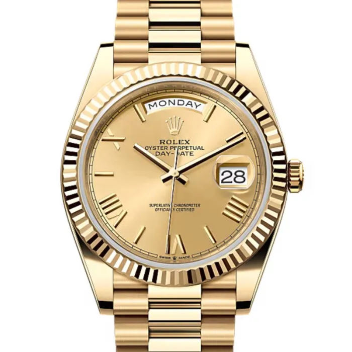 Rolex Rolex Day Date 40mm Ref 2282380006 Champagne Roman Dial Fluted Bezel 18K Yellow Gold President Bracelet Mens Watch Bracelets