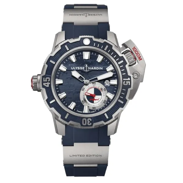 Ulysse Nardin Watches Ulysse Nardin Deep Diver 46mm Watch Ref 3203500LE393 Blue Index Dial with Hammerhead Shark Motif in Brushed Titanium Case Hybrid Rubber Titanium Strap Ulysse Nardin Watches Ulysse Nardin Deep Diver 46mm Watch Ref 3203500LE393 Blue Index Dial with Hammerhead Shark Motif in Brushed Titanium Case Hybrid Rubber Titanium Strap