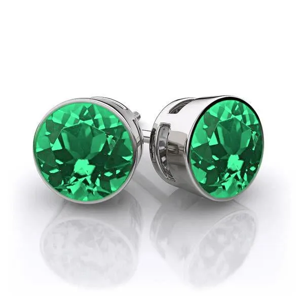 8 Ct Bezel Set Green Emerald Stud Earrings 14K White Gold GB Earrings