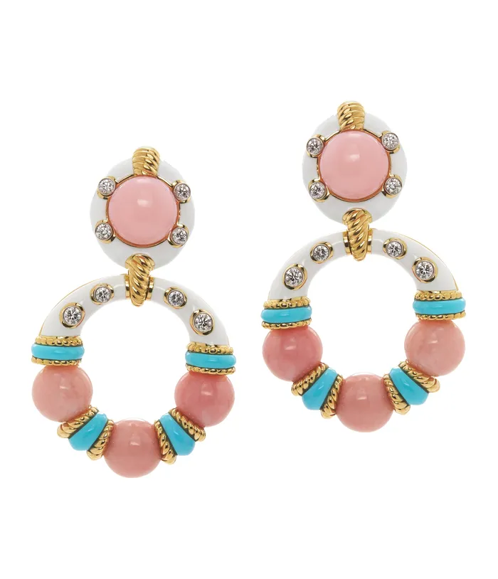 David Webb Earrings Stud Hoop Earrings Pink Opal Beads with White Enamel David Webb Earrings Stud Hoop Earrings Pink Opal Beads with White Enamel