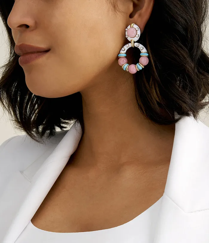 David Webb Earrings Stud Hoop Earrings Pink Opal Beads with White Enamel David Webb Earrings Stud Hoop Earrings Pink Opal Beads with White Enamel