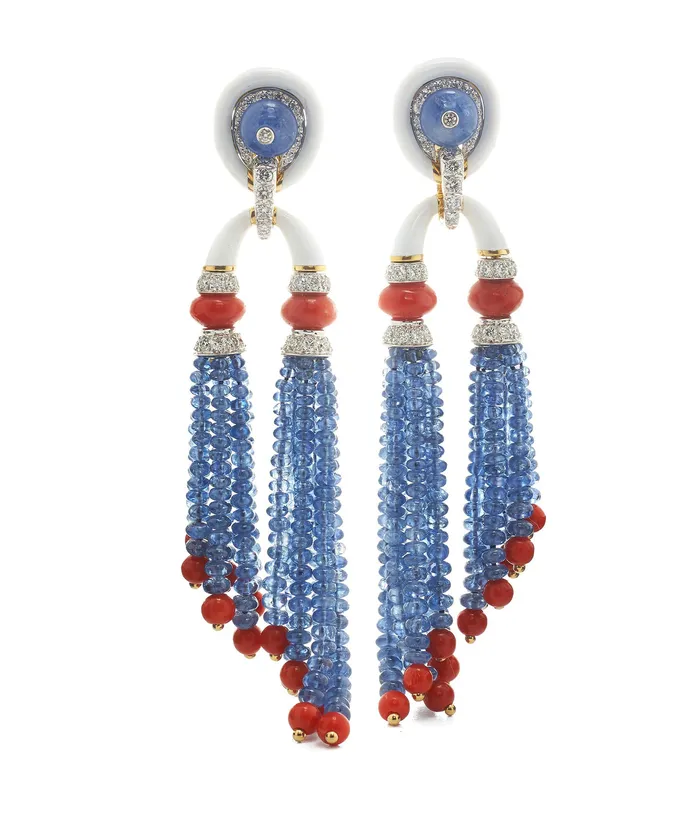 David Webb Workshop Earrings Pagoda Tassel Earrings with Diamonds Coral and Sapphire Beads David Webb Workshop Earrings Pagoda Tassel Earrings with Diamonds Coral and Sapphire Beads