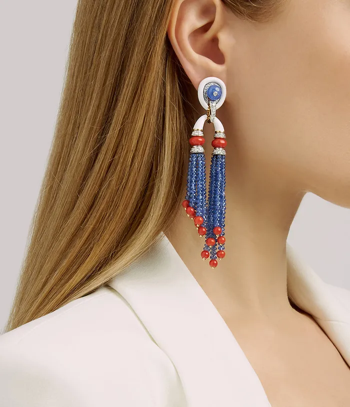 David Webb Workshop Earrings Pagoda Tassel Earrings with Diamonds Coral and Sapphire Beads